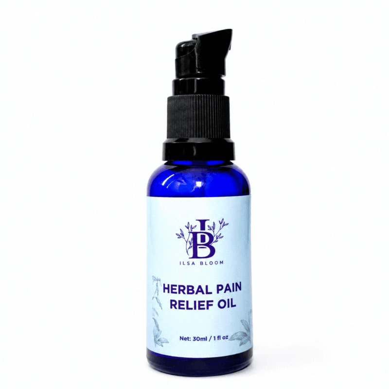 Herbal pain relief oil for soothing massage of stiff joints, back, knees, shoulders and tired muscles.