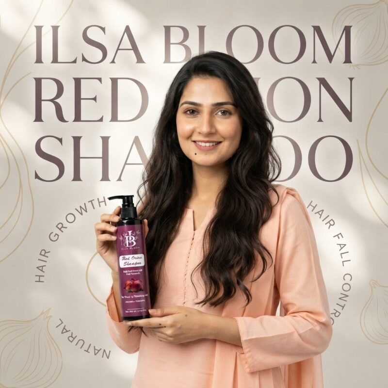 Smiling woman holding Ilsa Bloom Red Onion Shampoo against a branded background with red onion illustrations.