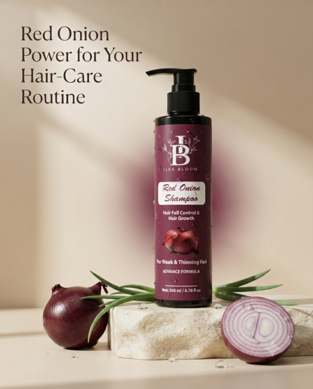 Smiling woman holding Ilsa Bloom Red Onion Shampoo against a branded background with red onion illustrations.