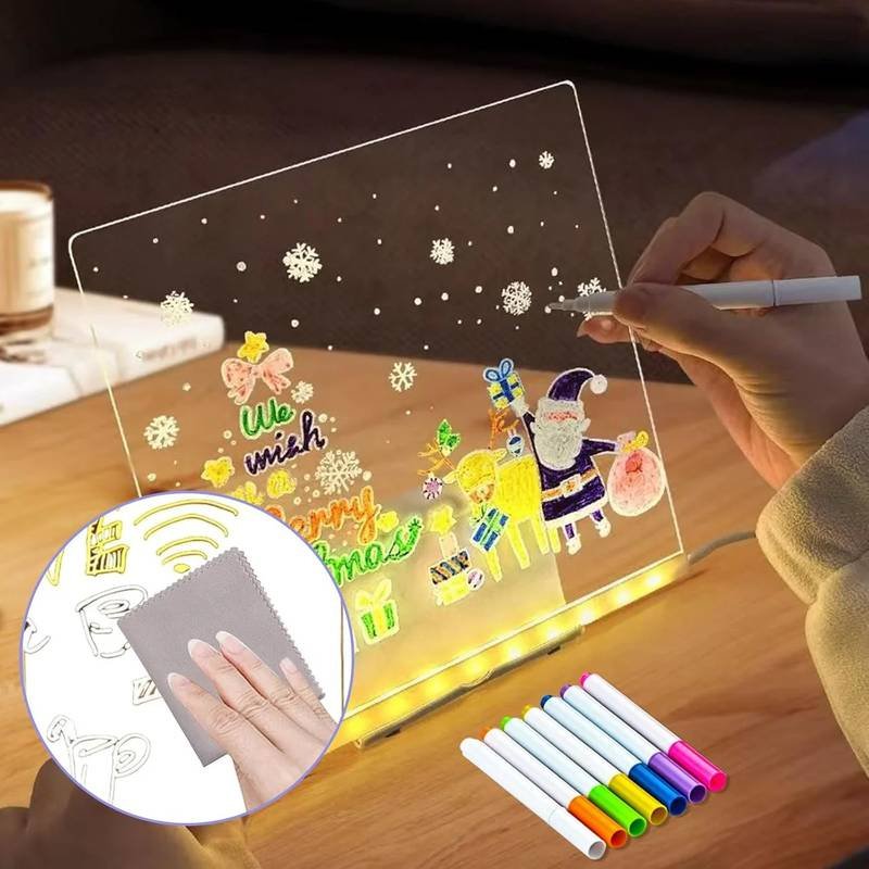 inbound429808900160056398 LED Light-Up Transparent Writing Board With 7 Marker | 15×15 cm Acrylic Pad with Stand | Colorful DIY Notes & Erasable Pens - Image 1